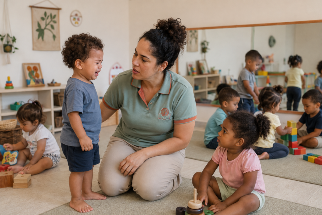 Professora ajudando crianças pequenas a lidar com um conflito durante uma brincadeira.