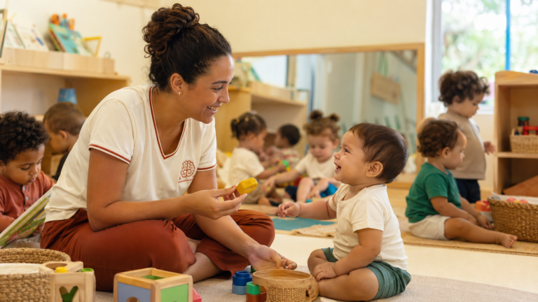 Professora acolhendo crianças pequenas em uma relação de afeto e segurança na Educação Infantil
