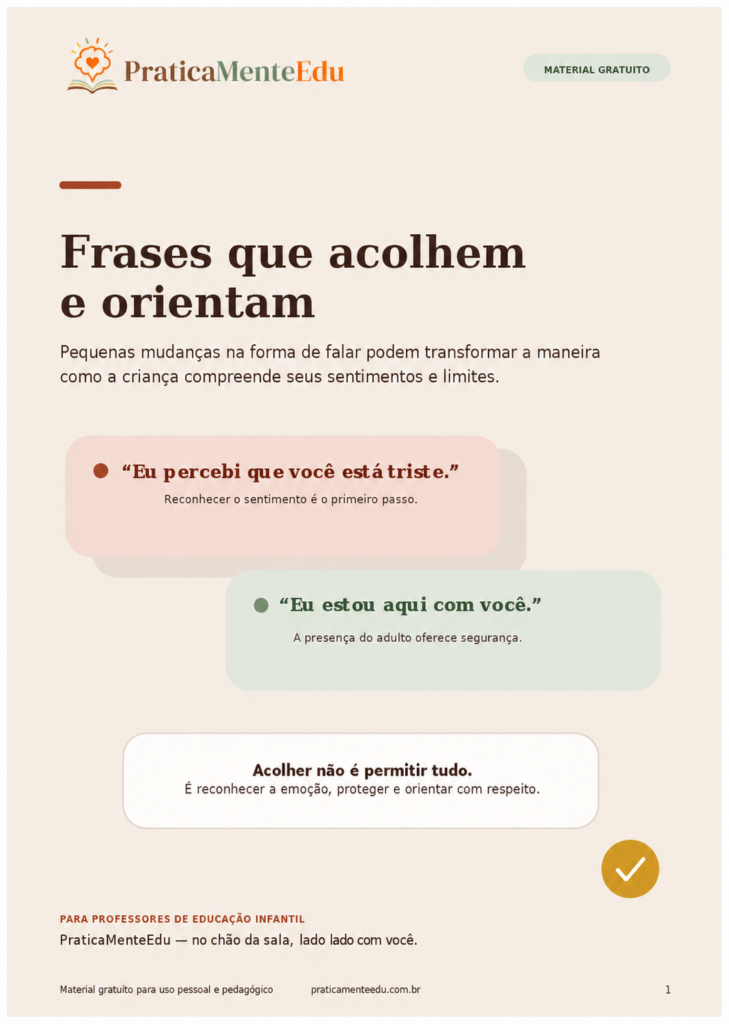 Capa do material gratuito. Frases que acolhem e orientam, da PraticaMenteEdu.