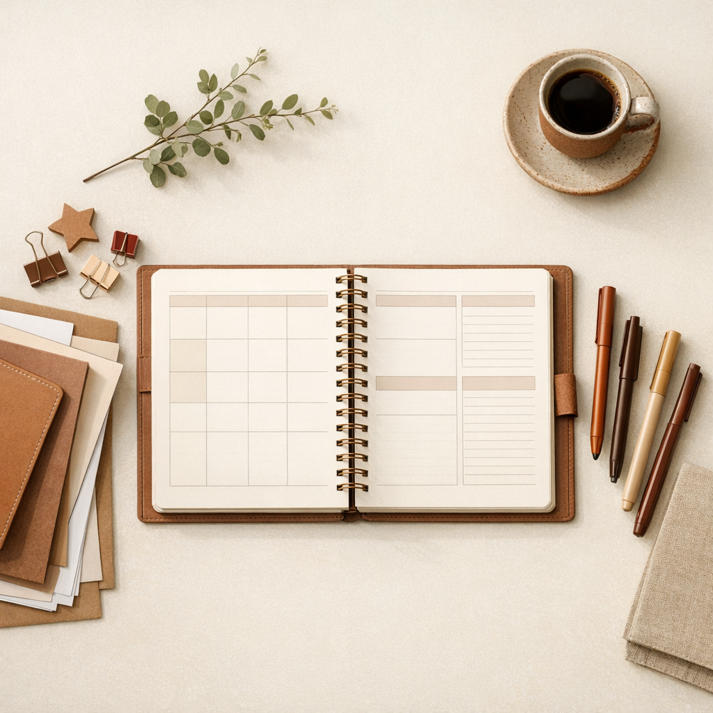 Caderno de planejamento pedagógico com materiais organizados sobre uma mesa clara.

