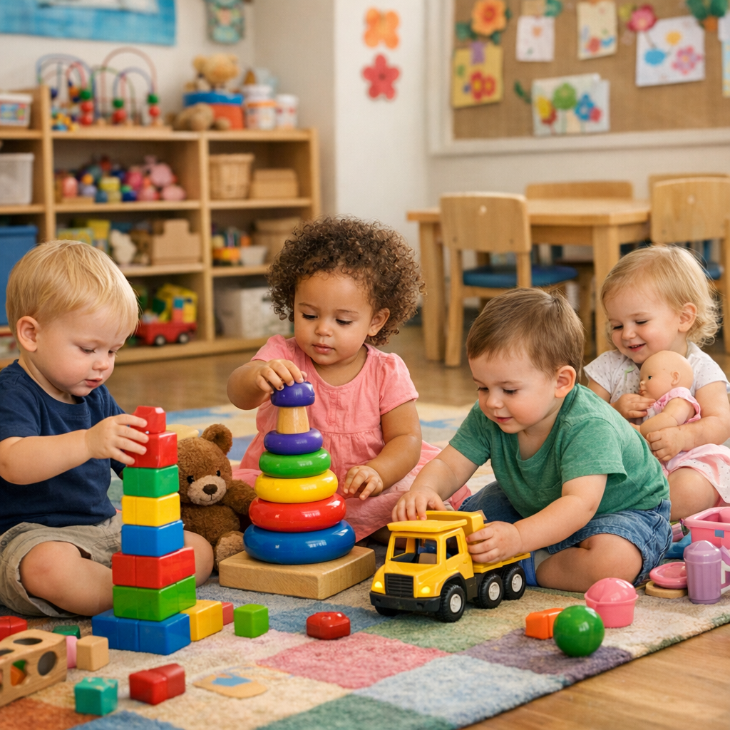 Crianças pequenas brincando e explorando materiais durante uma experiência na Educação Infantil