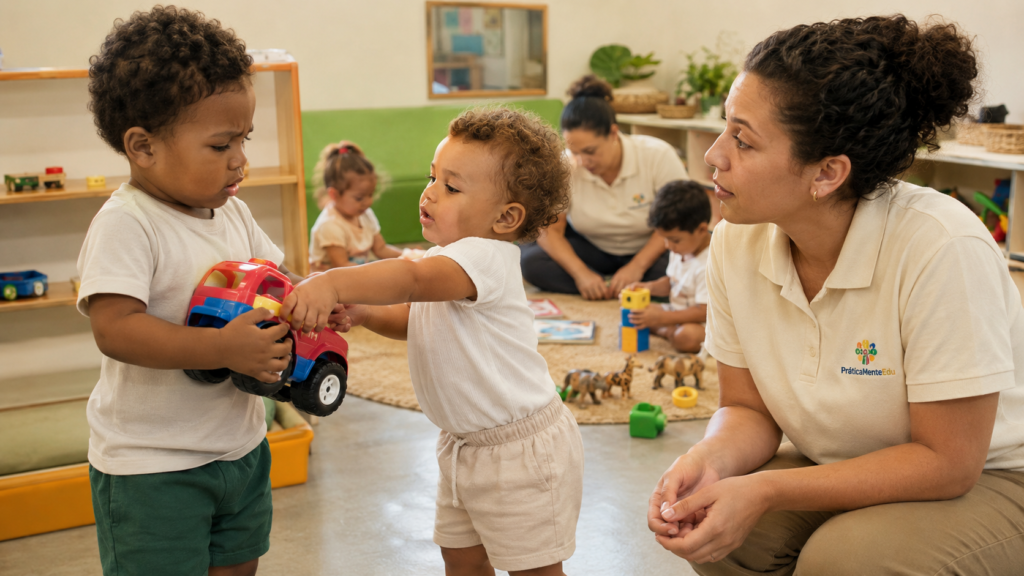 Professora observa e medeia uma disputa por objeto entre crianças do minigrupo.