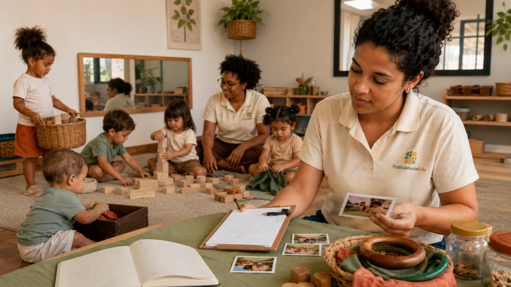 Professora analisa registros e replaneja experiências para uma turma multietária.