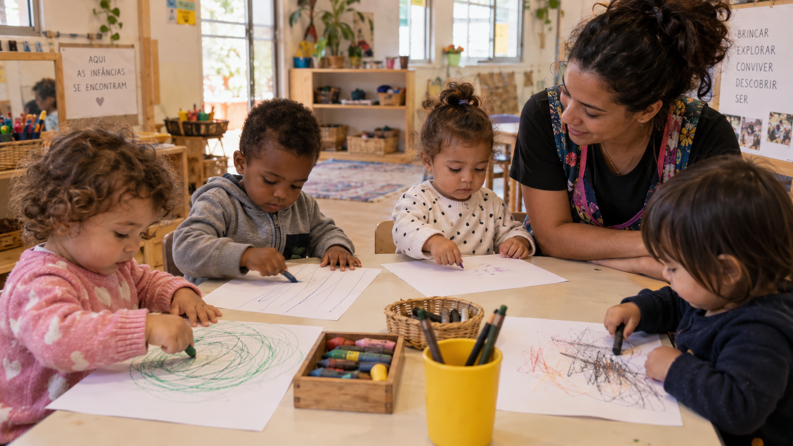 Crianças pequenas desenhando livremente com diferentes materiais enquanto professora observa em sala de Educação Infantil.