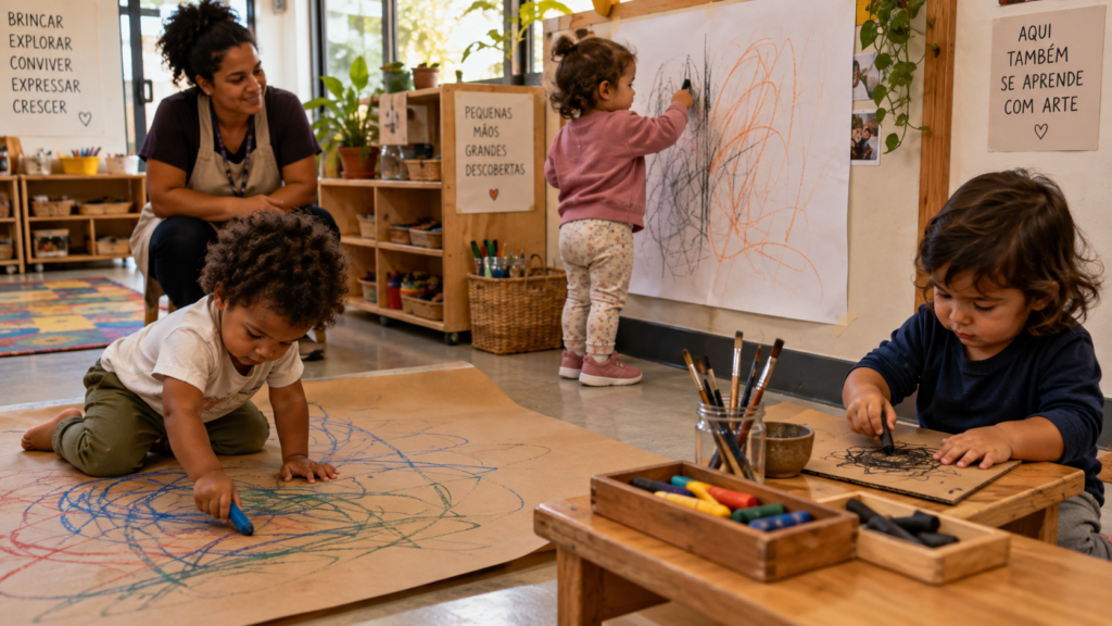 Crianças pequenas desenhando em diferentes suportes e explorando possibilidades de traço na Educação Infantil
