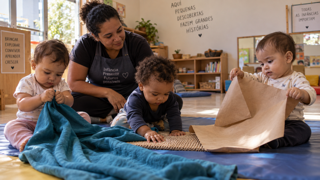 Bebê explorando propriedades de materiais com as mãos em uma experiência de arte na Educação Infantil