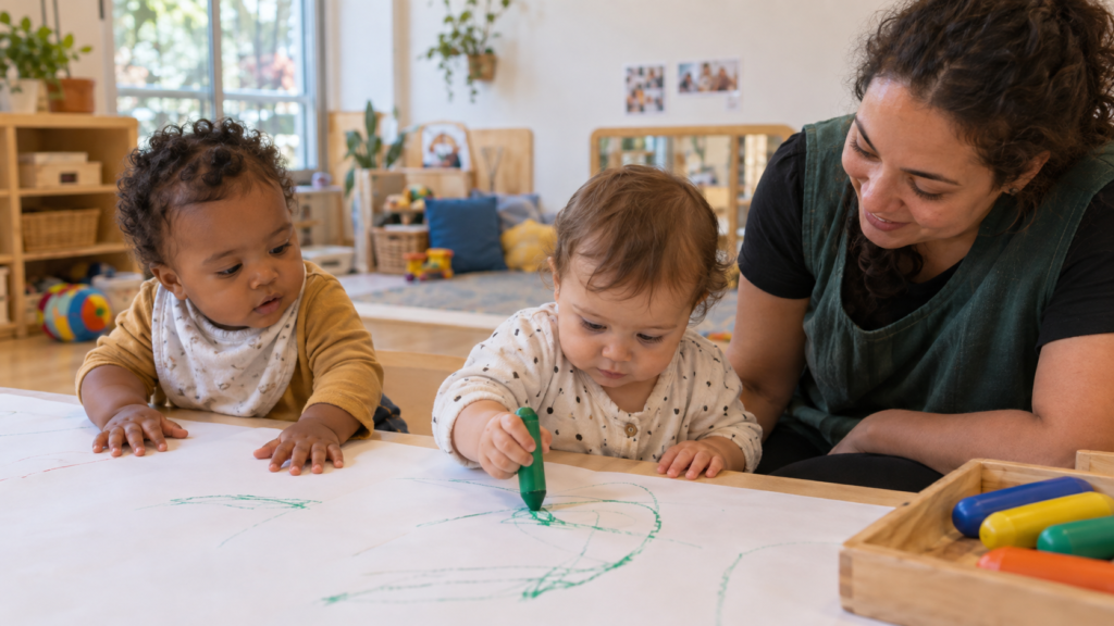 Bebê percebendo marcas produzidas pelo próprio gesto durante exploração de material artístico