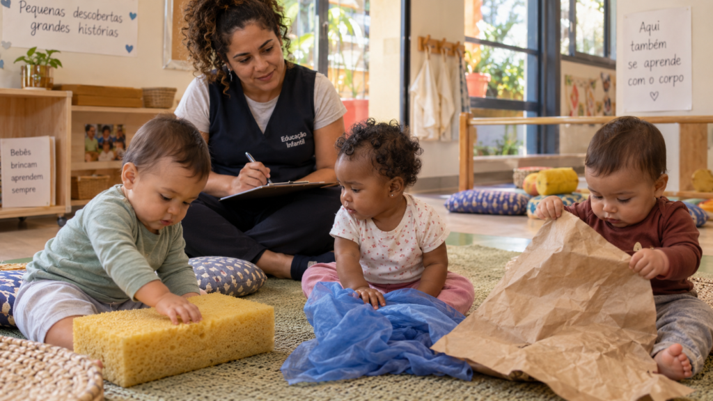 Professora observando atentamente a exploração de um bebê para decidir como ampliar a experiência