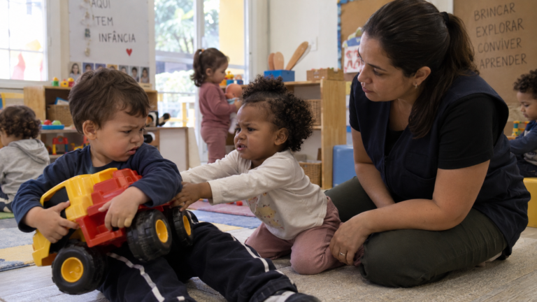Professora agachada acompanha duas crianças pequenas em conflito por um brinquedo em sala de Educação Infantil.
