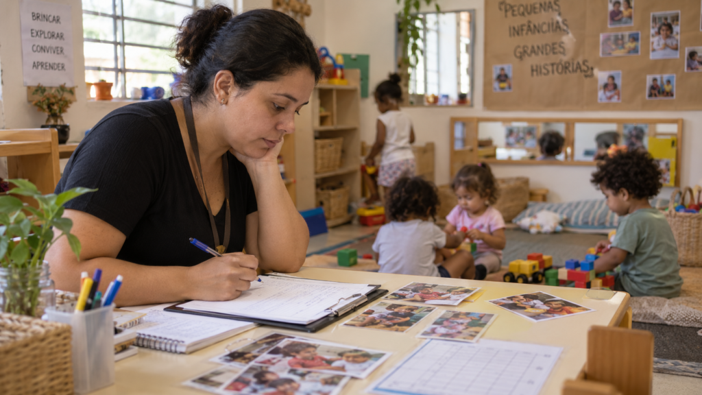 Professora analisa registros e fotografias de situações cotidianas das crianças na Educação Infantil.