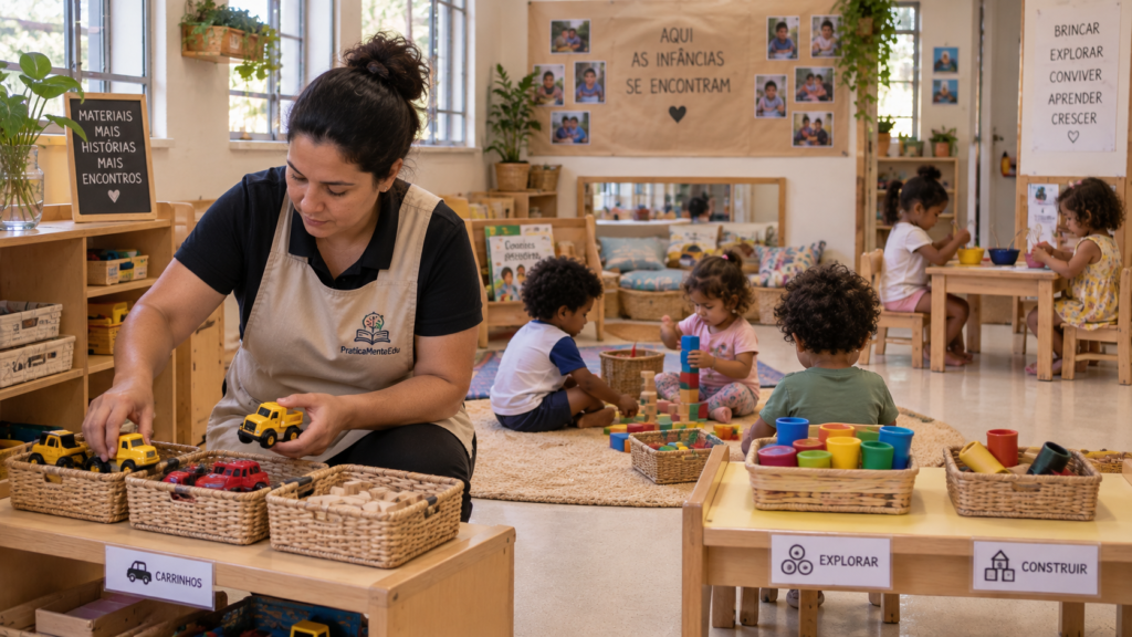 Professora organiza brinquedos e materiais em diferentes pontos da sala para favorecer as interações entre crianças pequenas.